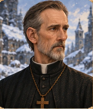 Padre Blackthor, em vestes religiosas escuras