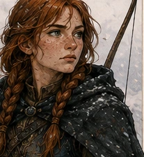 Elowen, ruiva, de tranças e capa de viagem