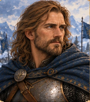 Fenrik Velanor, com cabelos longos, barba e manto azul