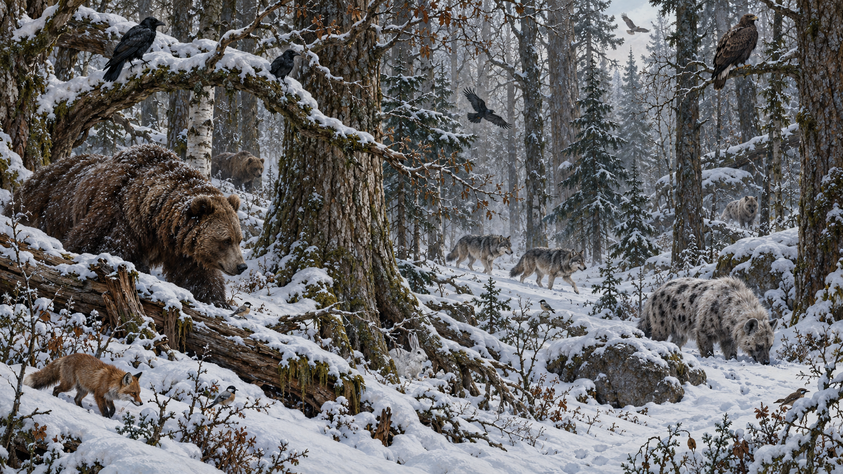 Flora e fauna de Skadvarn numa floresta nevada, com ursos, lobos, raposa, lebre e aves entre árvores e musgos