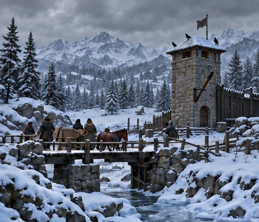Posto de guarda junto a uma ponte, entre florestas e montanhas cobertas de neve