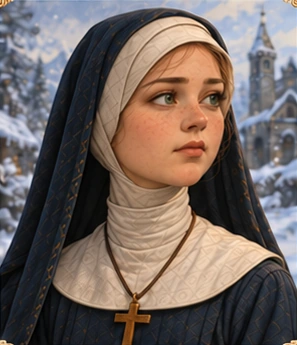 Isolde, com véu claro e hábito escuro