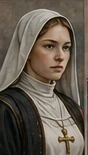 Isolde, com véu claro e hábito escuro