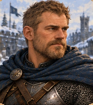Sir Orsgan, de cabelos curtos, barba e olhar vigilante