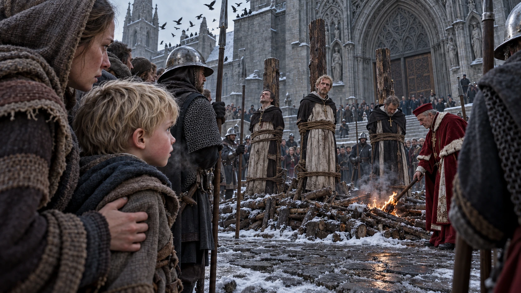 Cena do prólogo: três padres presos a estacas diante de uma catedral nevada; uma mãe e um menino observam enquanto uma tocha acende a lenha