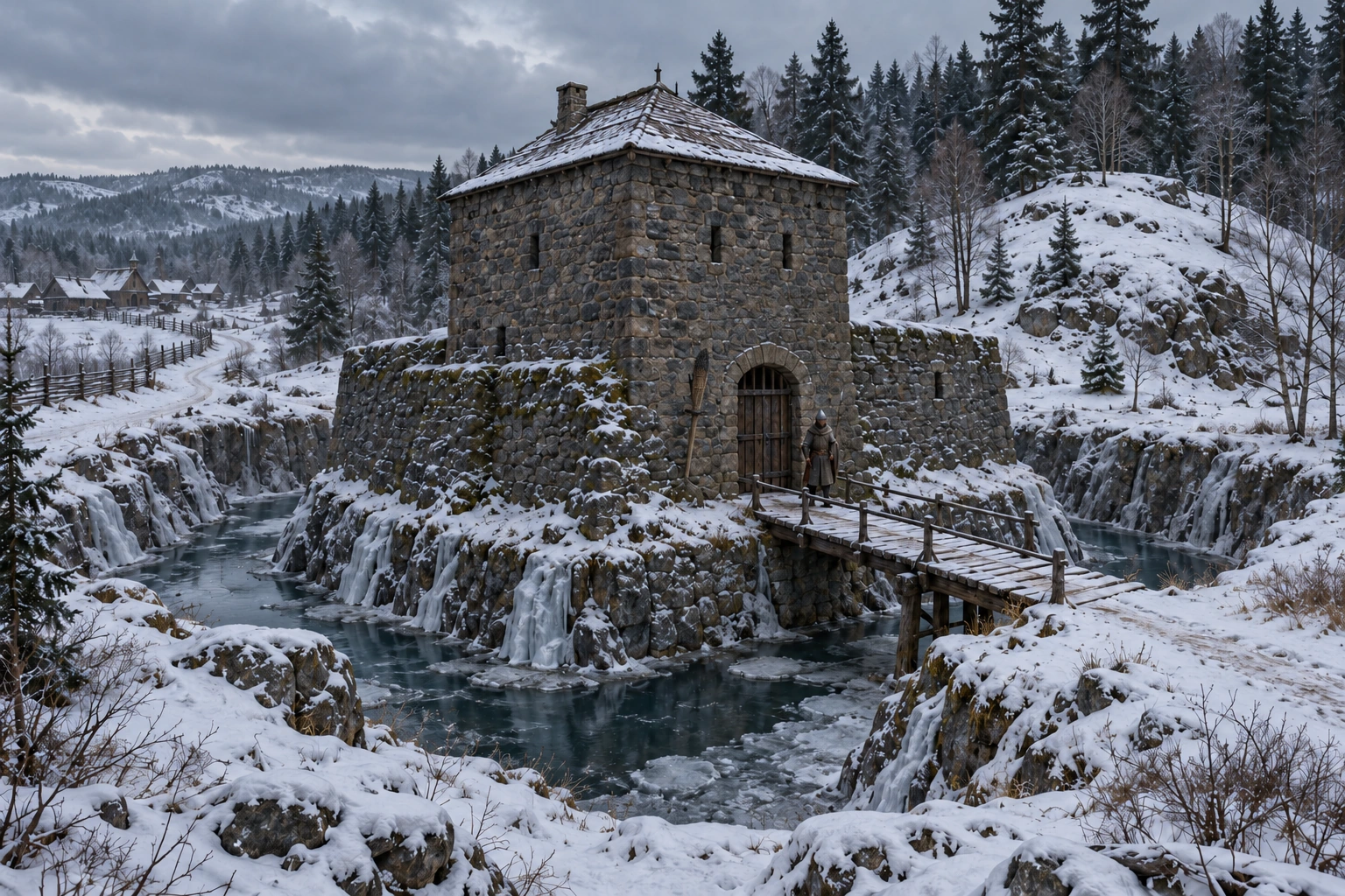 Masmorra de pedra cercada por um fosso, afastada da aldeia, junto a um pequeno morro e à mata coberta de neve