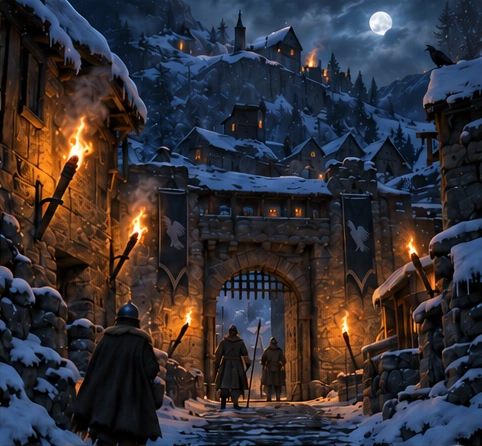 Rua nevada e portão de Ravenfjell à noite, com tochas acesas em suportes simples de ferro