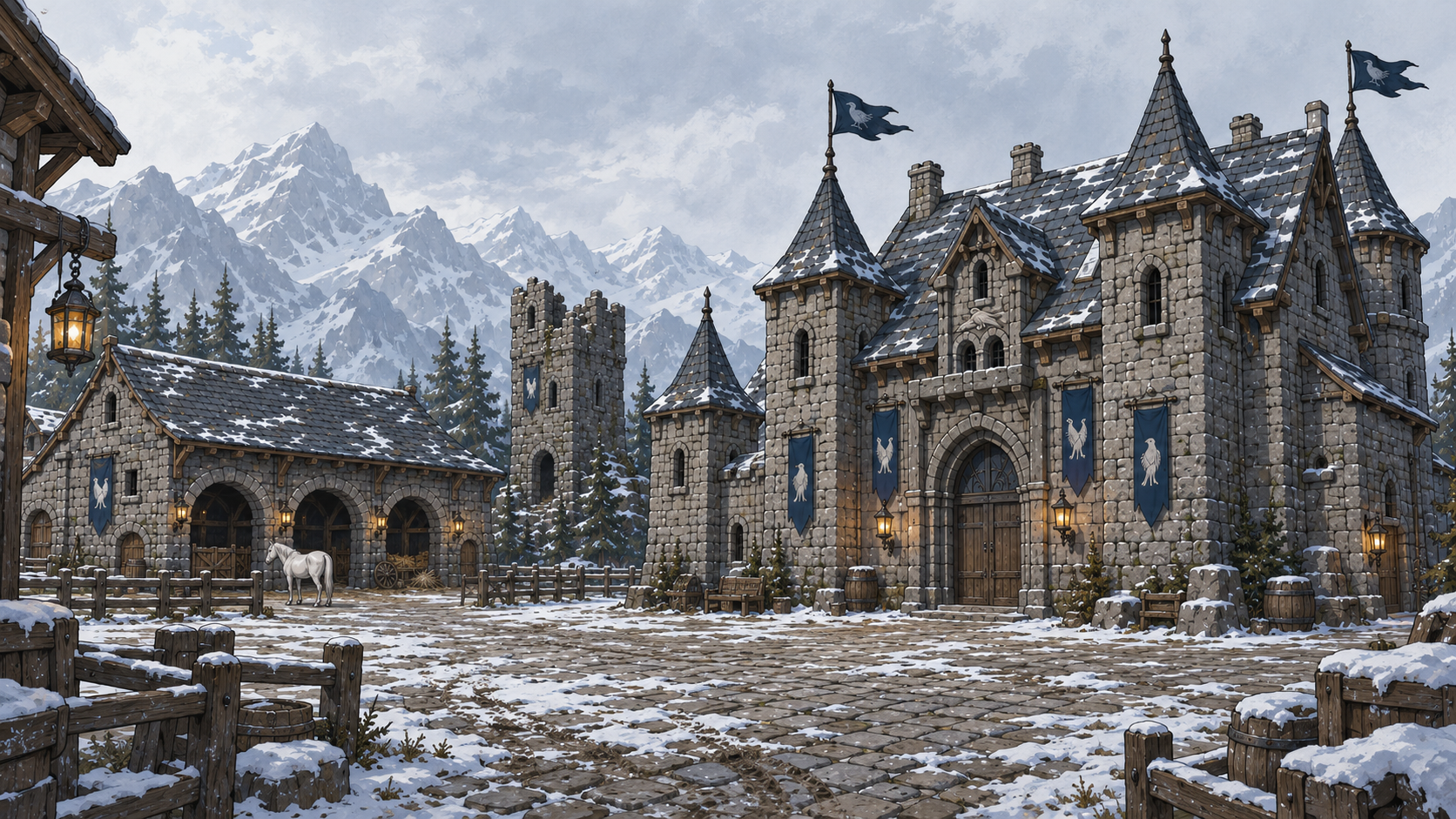 Pequeno Palácio de pedra, estábulo à esquerda e torre velha entre montanhas nevadas