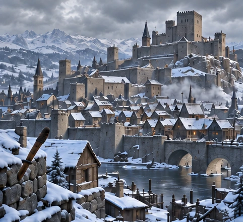 Capital fortificada de Skadvarn, com muralhas e casas sob a neve